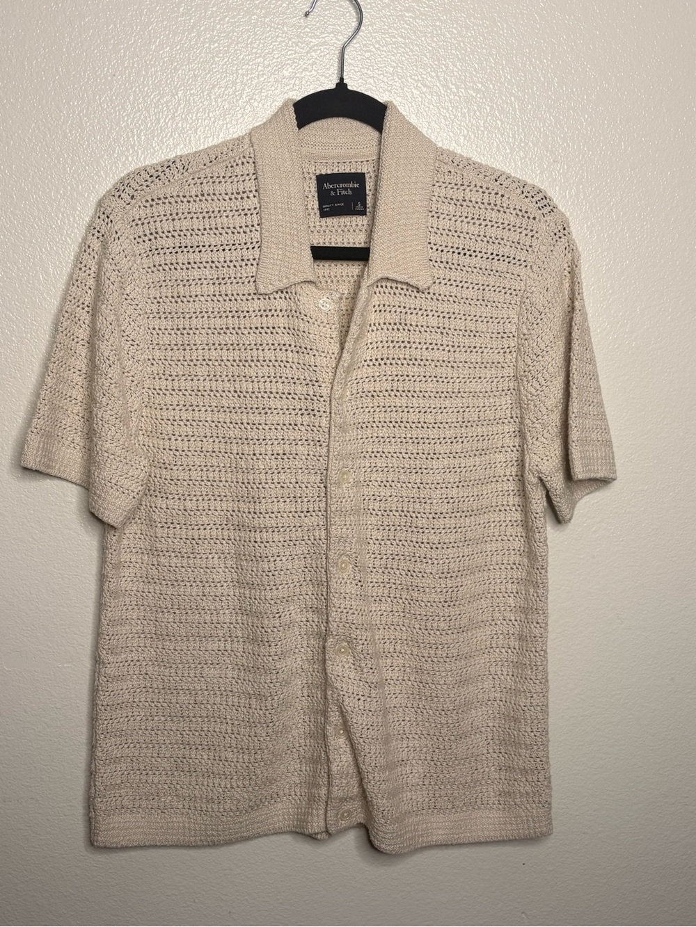 Abercrombie & Fitch Cream Short-Sleeve Knit Button-Down Shirt